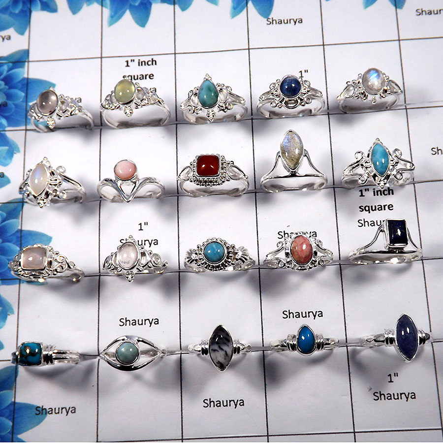 Mix Cab Gemstone - C - 100 Gms 4 to 9 Gorgeous Natural Mix Cab Gemstone 925 Sterling Silver Assorted Ring Wholesale Lot Approx.