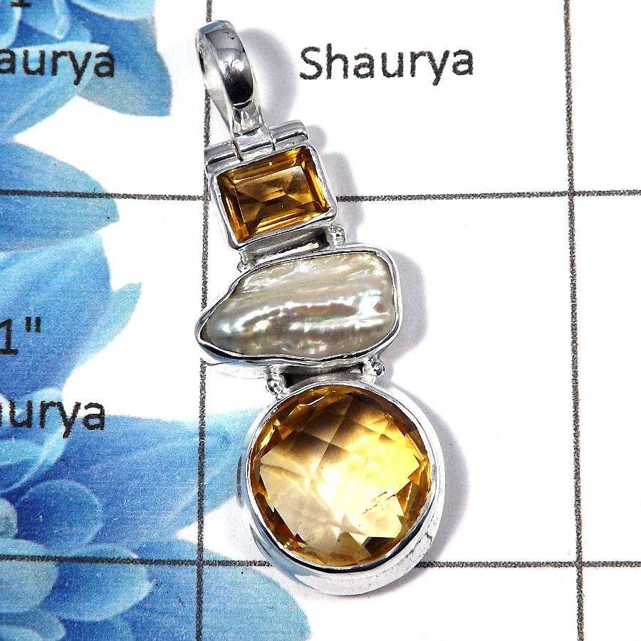 Citrine & Pearl - SALE917 - Awesome Natural Citrine & Pearl Gemstone 925 Sterling Silver Plain Setting Pendant