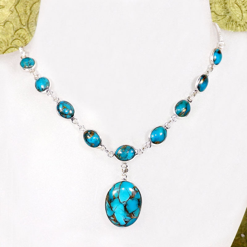 18 inch Blue Copper Turquoise F - SCN998-Genuine Cut n Cab Gemstone Made in 925 Silver 18 inch Fan
