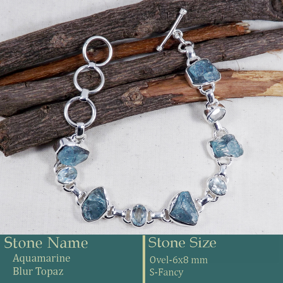 Aquamrine Rough & Blue Topaz Cut B - RGB996-Gorgeous Rough Gemstone 925 Silver Bracelet Wholesale Ind