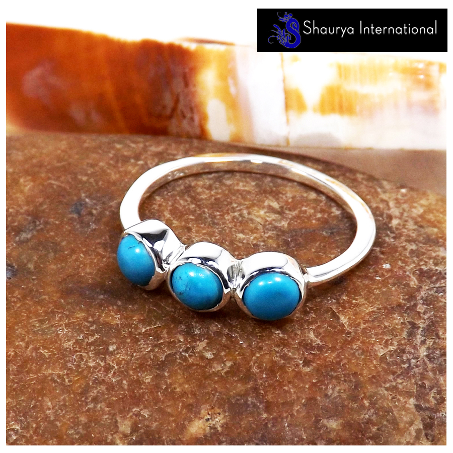Blue Turquoise Cab E - SFJ913-Exclusive Cabochon Gemstone Light Weight Trilogy Ring 925 Sterling Silver