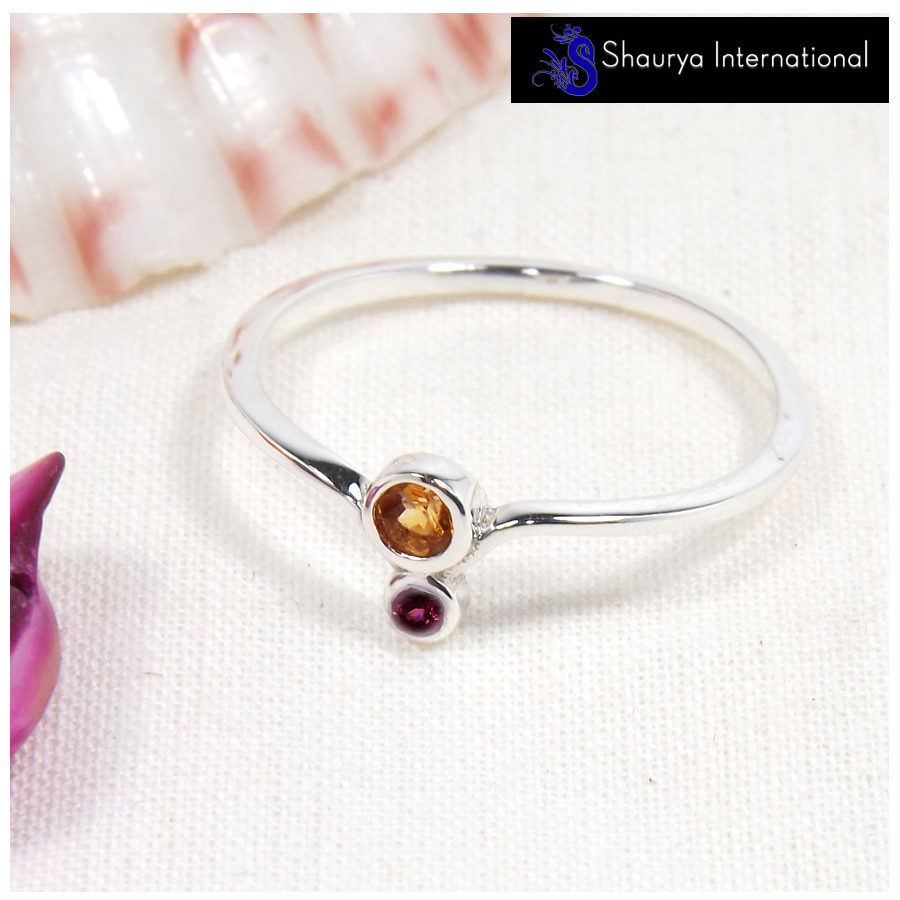 Citrine & Garnet Cut E - SFJ912-Newly Design Two Stone Light Weight Midi Ring Solid 925 Sterling Silver