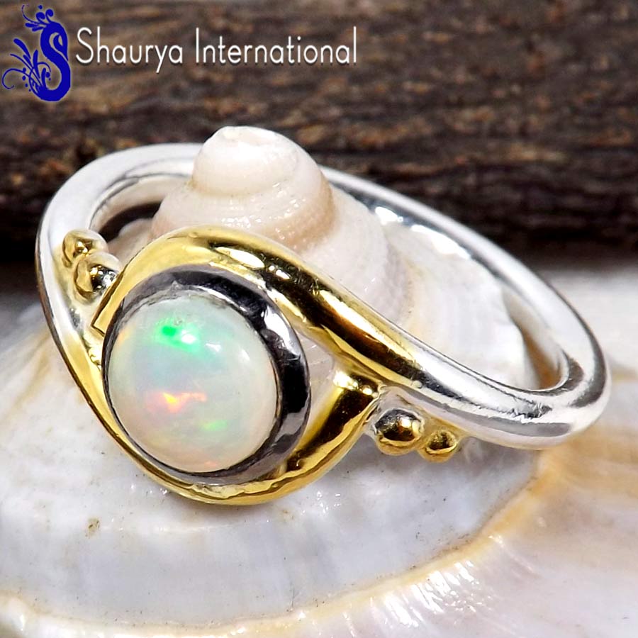 Ethiopian Opal Cab C - SFJ900-Natural Ethiopian Opal Three Tone Light Weight Ring Solid 925 Sterling Silver